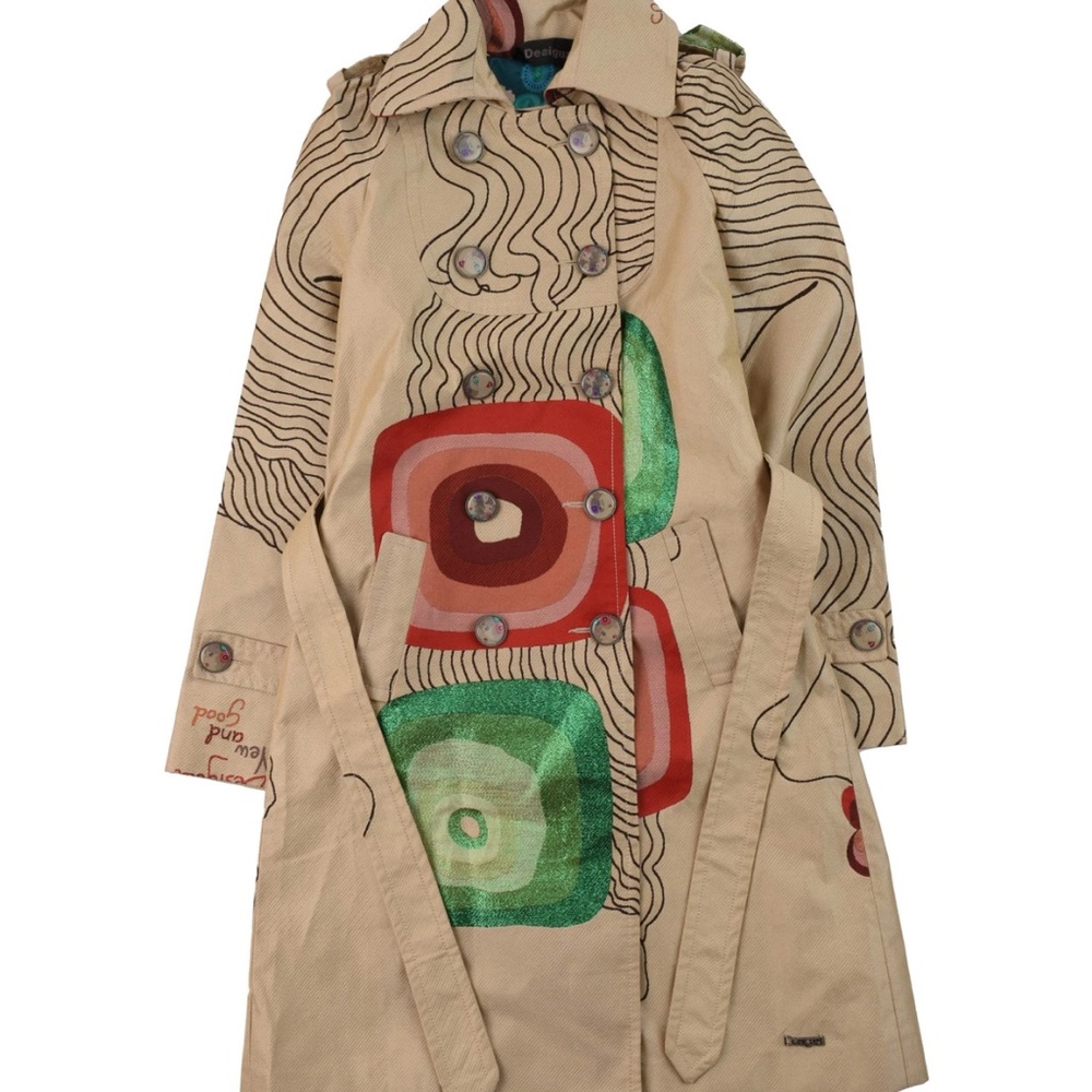 Desigual Beige Coat with Red and Green Abstract Design
size 42 (L)